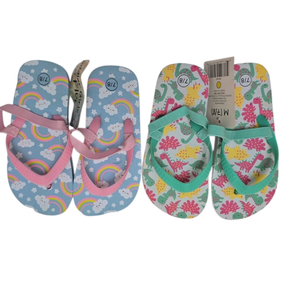 2pk New Toddler Girl's Flip Flops Rainbow & Dinosaur Strap Sandals Shoes 7 / 8 - Picture 6 of 6